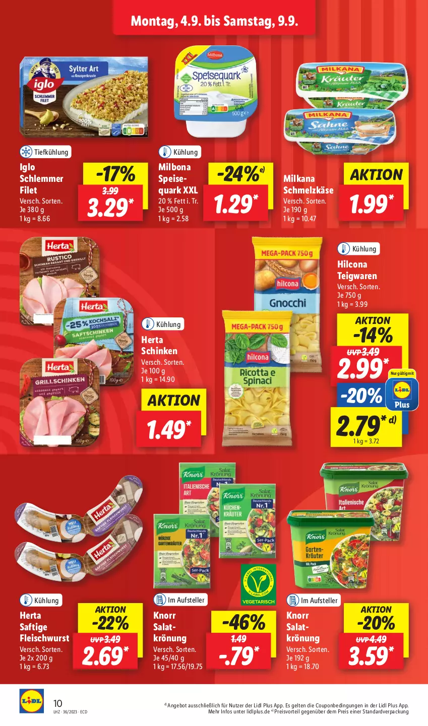 Aktueller Prospekt Lidl - Aktionsprospekt - von 04.09 bis 09.09.2023 - strona 14 - produkty: angebot, Bona, coupon, eis, elle, filet, fleisch, fleischwurst, herta, hilcona, iglo, Käse, knorr, Milbona, milka, milkana, preisvorteil, quark, reis, saft, salat, schinken, Schmelzkäse, teigwaren, teller, Ti, wurst