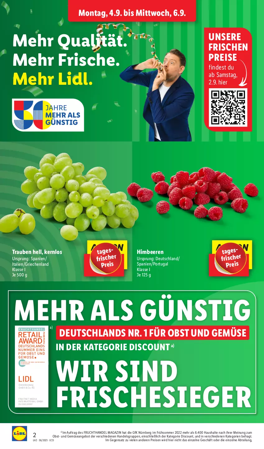 Aktueller Prospekt Lidl - Aktionsprospekt - von 04.09 bis 09.09.2023 - strona 2 - produkty: Abtei, angebot, beere, beeren, discount, eis, ente, frucht, himbeer, himbeere, himbeeren, magazin, obst, Obst und Gemüse, reis, Ti, trauben, und gemüse