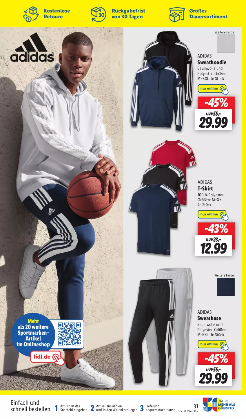 Aktueller Prospekt Lidl - Aktionsprospekt - von 04.09 bis 09.09.2023 - strona 45 - produkty: Adidas, auer, Bau, baumwolle, elle, hose, korb, shirt, Sport, Sweathose, T-Shirt, Ti, wolle