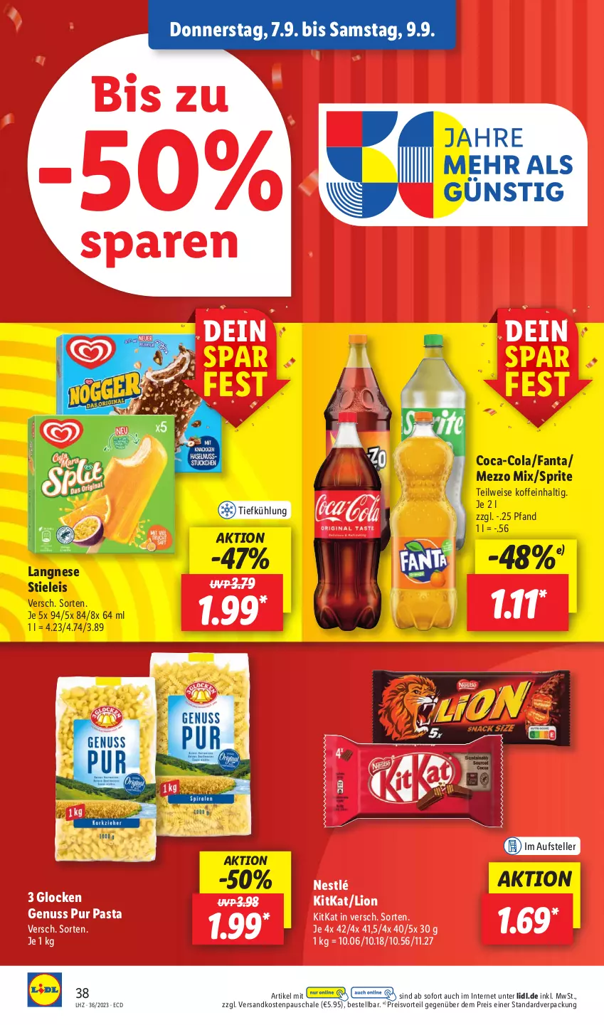 Aktueller Prospekt Lidl - Aktionsprospekt - von 04.09 bis 09.09.2023 - strona 54 - produkty: coca-cola, cola, eis, elle, fanta, kitkat, langnese, lion, Mezzo Mix, ndk, nestlé, nuss, pasta, preisvorteil, reis, Schal, Schale, sprite, stieleis, teller, Ti