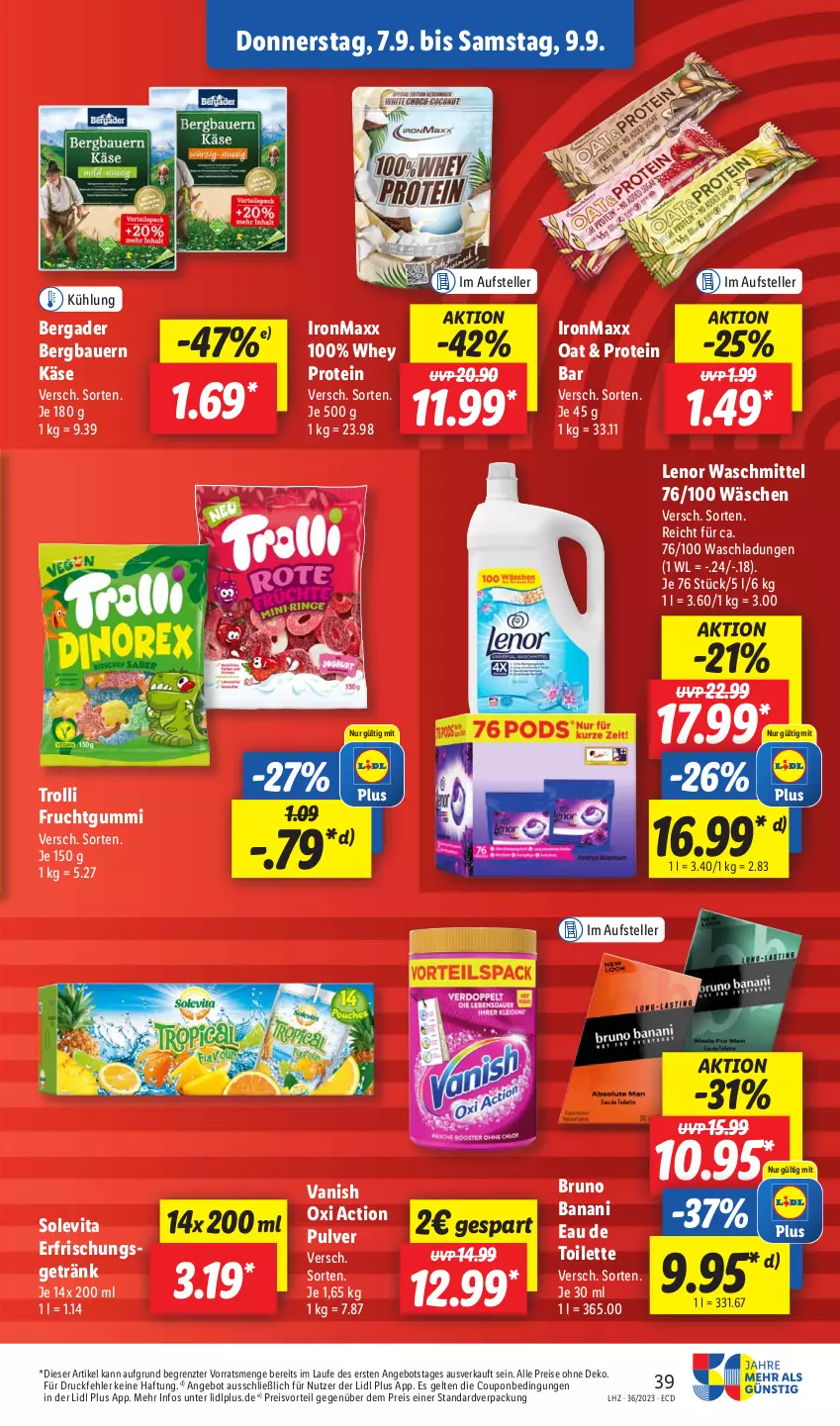 Aktueller Prospekt Lidl - Aktionsprospekt - von 04.09 bis 09.09.2023 - strona 55 - produkty: angebot, auer, Bau, Bauer, bergader, bruno banani, coupon, eau de toilette, eis, elle, frucht, fruchtgummi, getränk, Käse, lenor, lenor waschmittel, oxi action, preisvorteil, reis, teller, Ti, trolli, trolli fruchtgummi, vanish, vanish oxi action, vita, waschmittel, ZTE