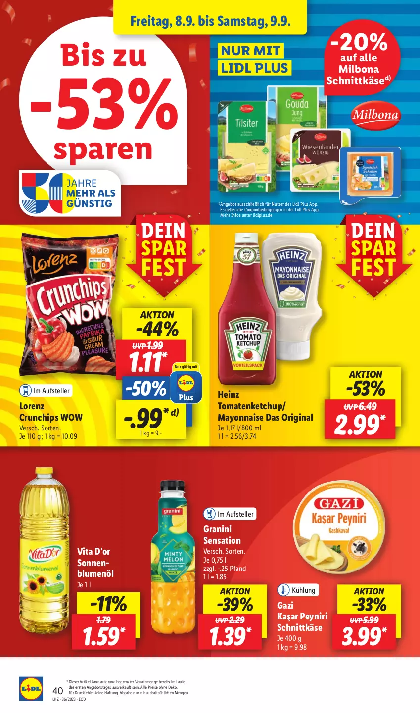 Aktueller Prospekt Lidl - Aktionsprospekt - von 04.09 bis 09.09.2023 - strona 56 - produkty: angebot, blume, blumen, blumenöl, Bona, chips, coupon, crunchips, drucker, eis, elle, Engel, gin, granini, heinz, Käse, kerze, ketchup, lorenz, lorenz crunchips, mayonnaise, Milbona, papier, reis, schnittkäse, sonnenblume, sonnenblumen, sonnenblumenöl, teller, Ti, tomate, tomaten, tomatenketchup, vita, Yo, ZTE