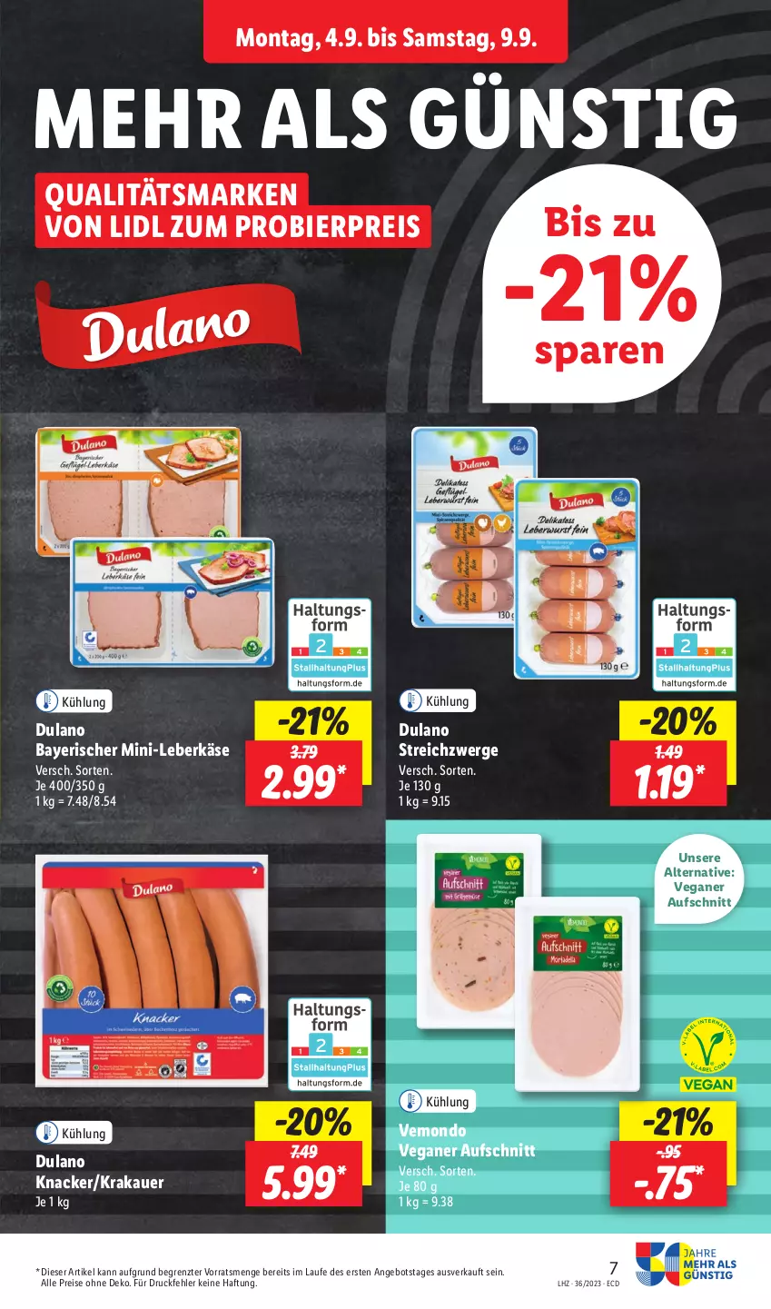 Aktueller Prospekt Lidl - Aktionsprospekt - von 04.09 bis 09.09.2023 - strona 9 - produkty: angebot, auer, aufschnitt, bier, dulano, eis, Käse, knacker, krakauer, leberkäs, leberkäse, reis, Ti, ZTE