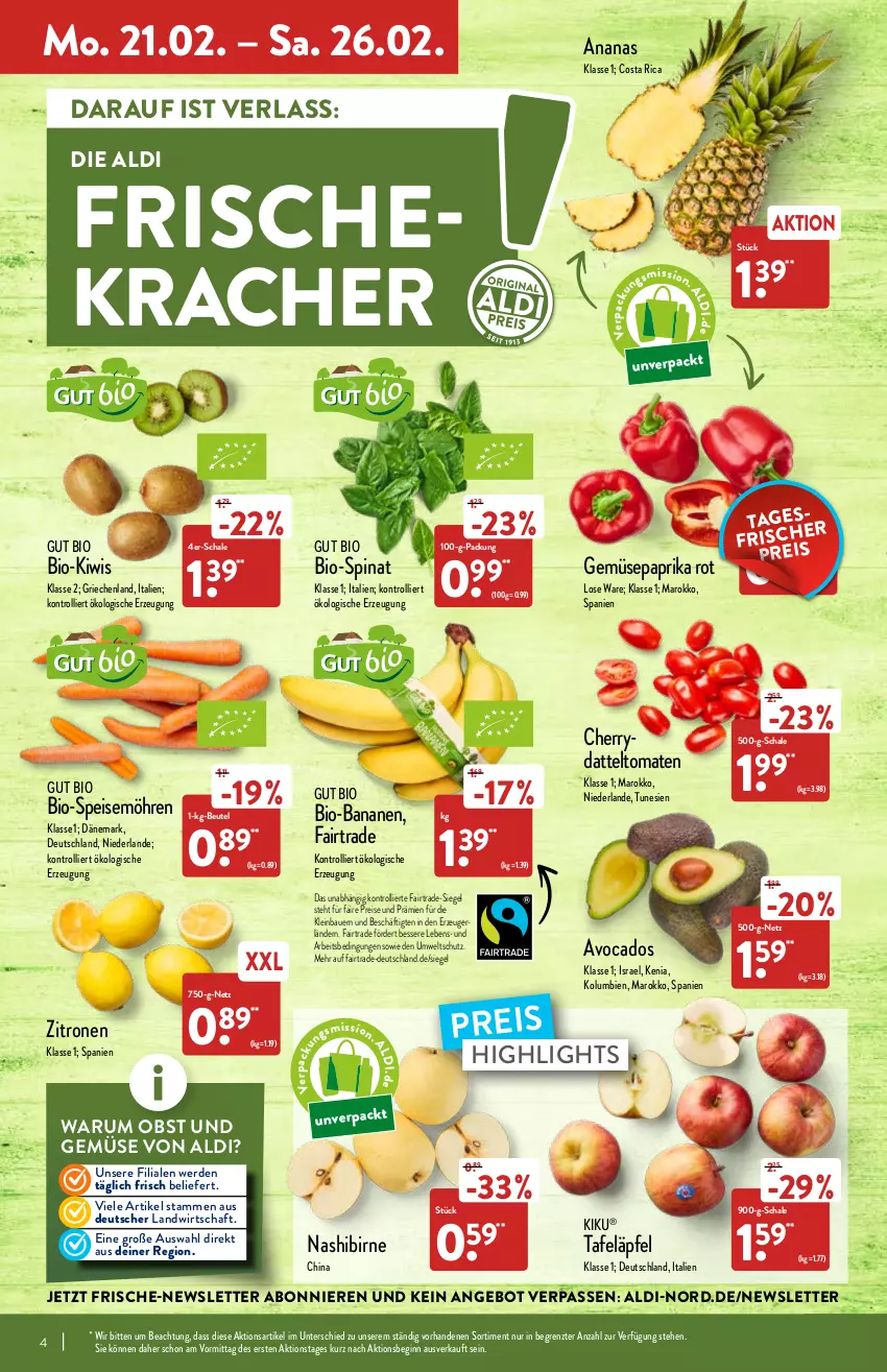 Aktueller Prospekt Aldi Nord - Aldi-Aktuell - von 21.02 bis 26.02.2022 - strona 4 - produkty: aldi, ananas, angebot, auer, avocado, avocados, banane, bananen, Bau, Bauer, beutel, bio, bio-bananen, datteltomaten, eis, erde, gin, kiwi, kracher, möhren, Nashi, obst, Obst und Gemüse, paprika, paprika rot, reis, rum, Schal, Schale, speisemöhren, spinat, tafeläpfel, Ti, tomate, tomaten, trolli, und gemüse, zitrone, zitronen, ZTE