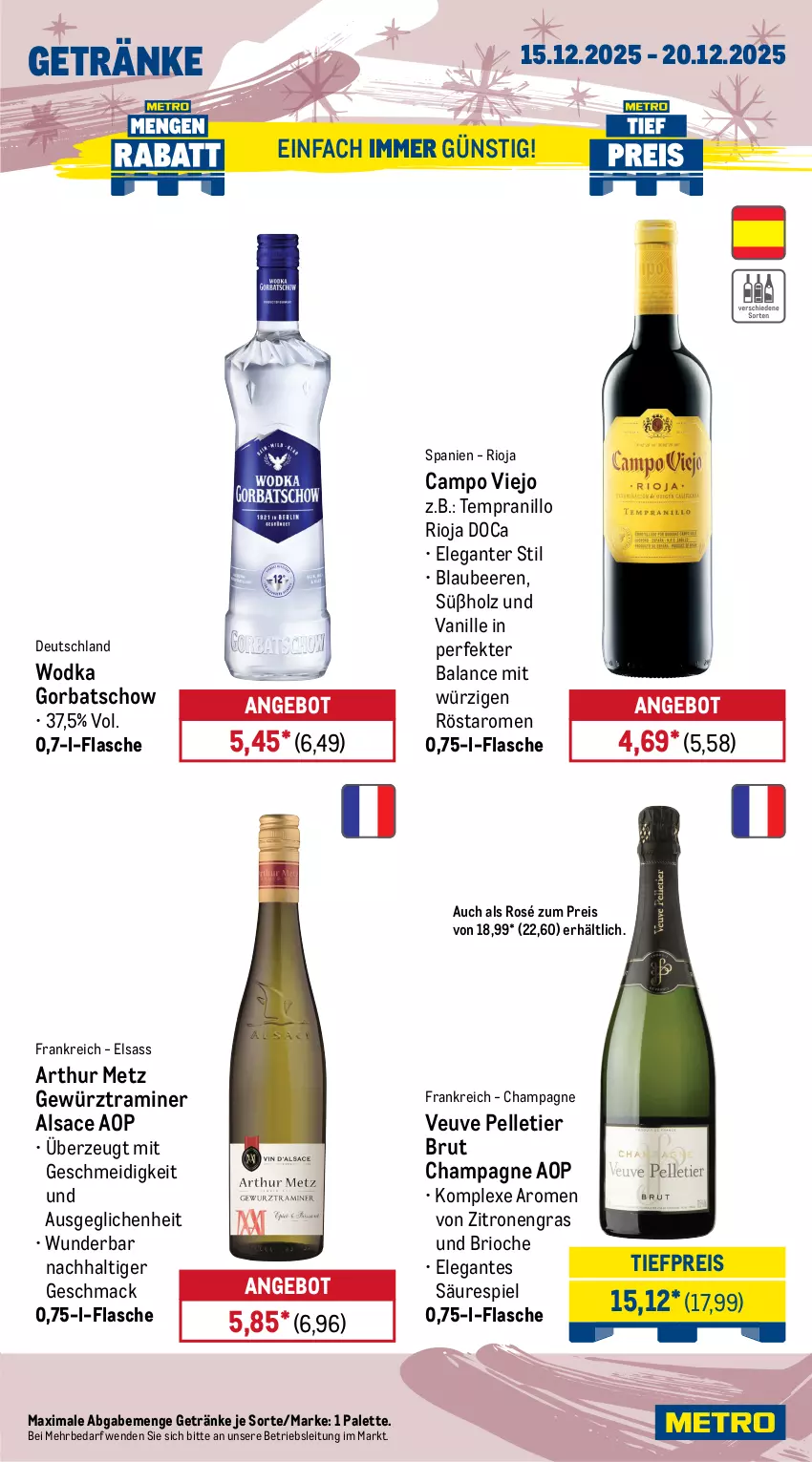 Aktueller Prospekt Metro - Wochen-Angebote - von 15.12 bis 20.12.2025 - strona 17 - produkty: Alwa, angebot, aperol, beere, beeren, bitburger, bitburger pils, Blaubeer, blaubeere, brut, burger, campo viejo, champagne, desperados, eis, elle, flasche, gerolsteine, gerolsteiner, getränk, getränke, gewürz, Gorbatschow, Holz, mac, mineralwasser, Palette, pils, reis, rioja, sac, steiner, tempranillo, Ti, tiefpreis, vanille, wasser, wodka, zitrone, zitronen