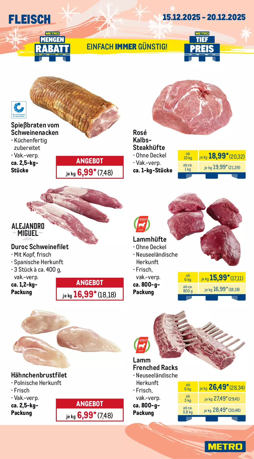 Aktueller Prospekt Metro - Wochen-Angebote - von 15.12 bis 20.12.2025 - strona 4 - produkty: angebot, braten, brustfilet, decke, Deckel, eis, ente, filet, fleisch, Gänsebrust, gulasch, hafer, hähnchenbrust, hähnchenbrustfilet, küche, Küchen, lamm, reis, schwein, schweine, schweinefilet, schweinenacken, steak, steakhüfte, Ti, tiefpreis, vom schweinenacken, wein, weine, Wild, Wildschwein