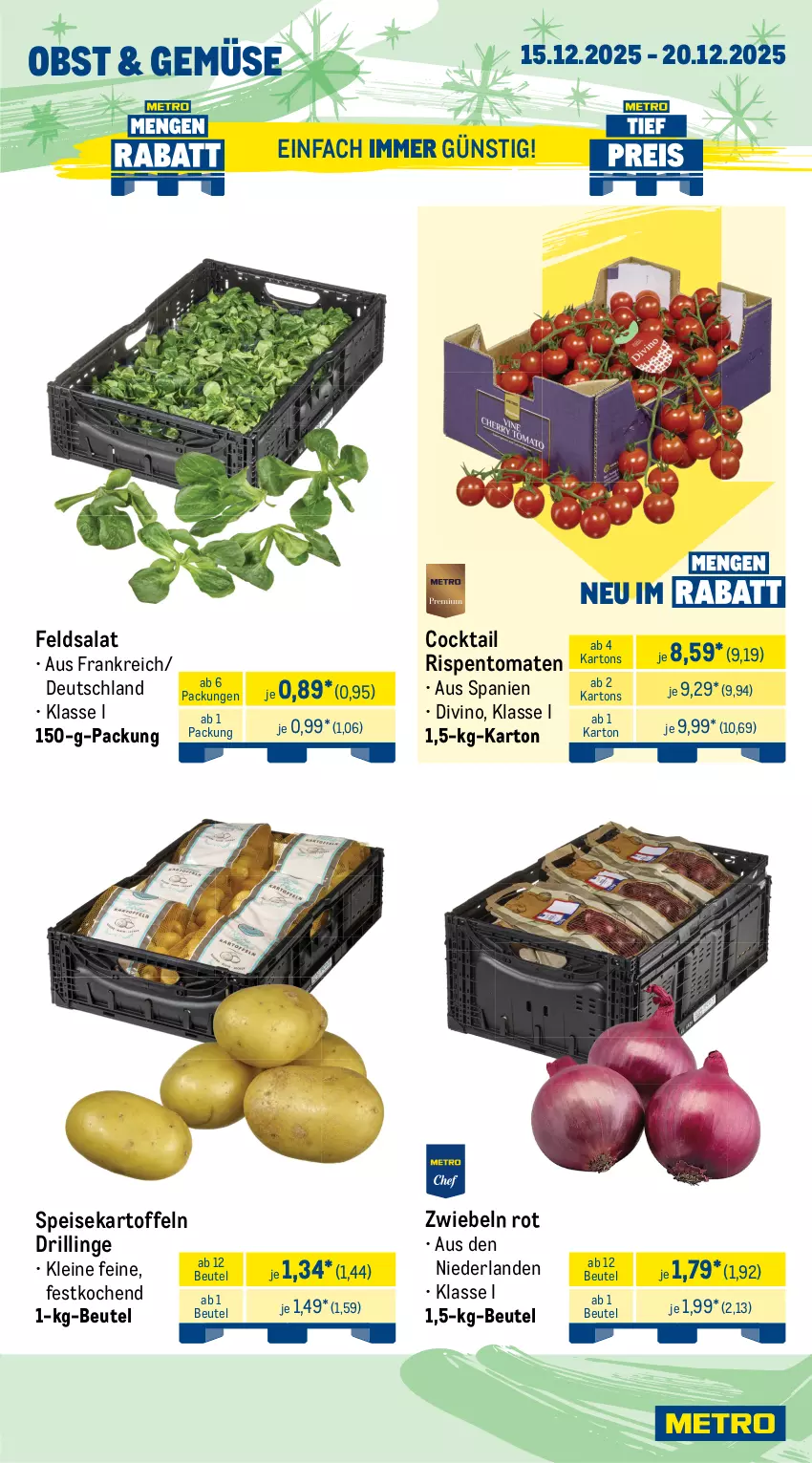 Aktueller Prospekt Metro - Wochen-Angebote - von 15.12 bis 20.12.2025 - strona 9 - produkty: angebot, beutel, clementinen, cocktail, eis, feldsalat, Kaki, kartoffel, kartoffeln, leine, limette, limetten, Mett, metten, navelina, obst, orange, orangen, reis, rispentomaten, salat, speisekartoffeln, Ti, tiefpreis, tomate, tomaten, zwiebel, zwiebeln