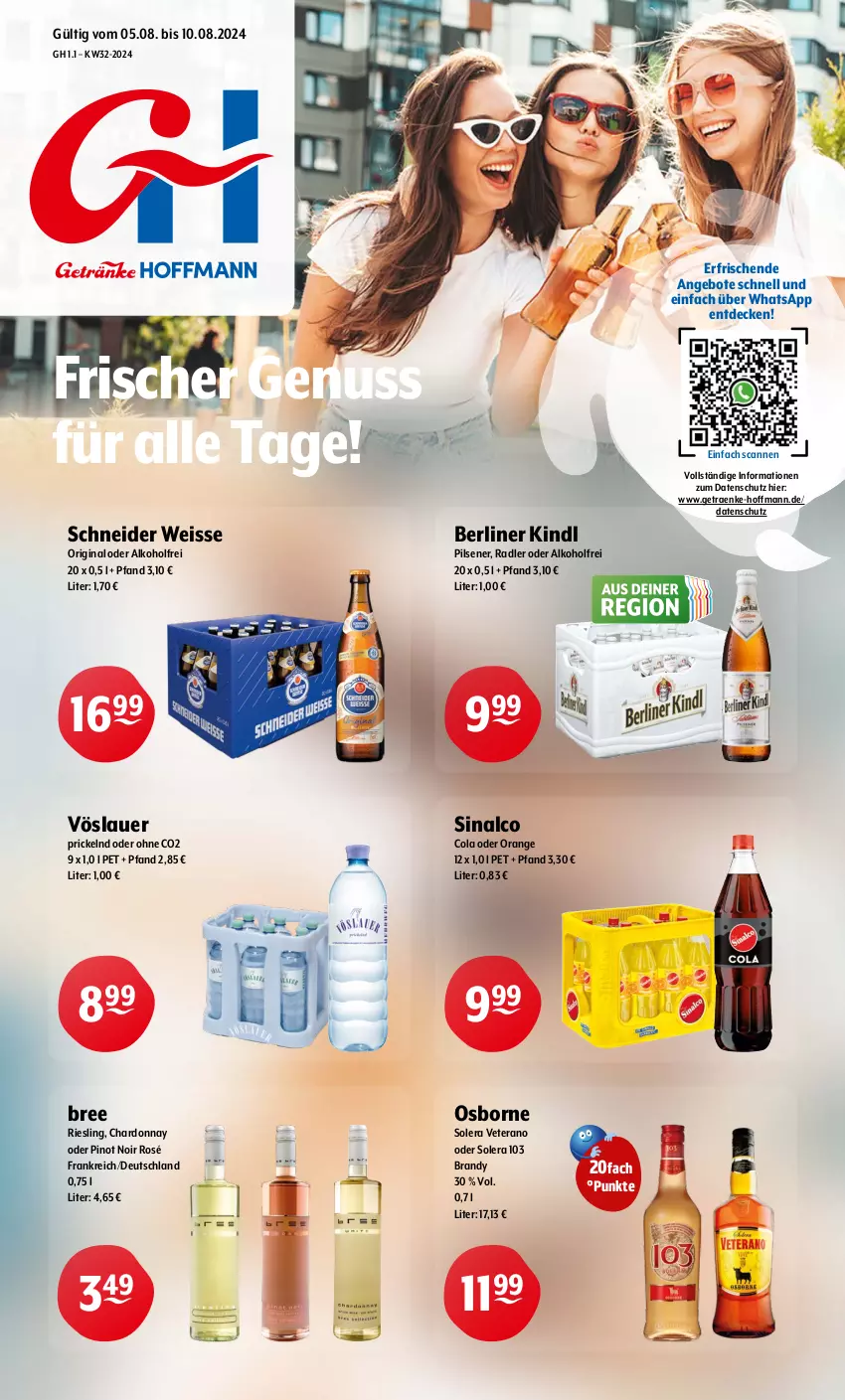 Aktueller Prospekt Getraenke Hoffmann - Prospekte - von 05.08 bis 10.08.2024 - strona 1 - produkty: alkohol, angebot, angebote, auer, berliner, berliner kindl, bree, chardonnay, cola, decke, eis, gin, nuss, orange, osborne, pils, pilsener, Pinot, pinot noir, radler, riesling, sinalco, Ti, veterano, vöslauer