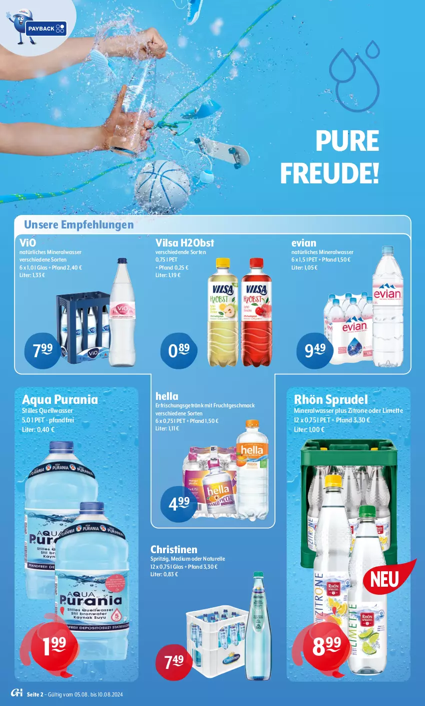 Aktueller Prospekt Getraenke Hoffmann - Prospekte - von 05.08 bis 10.08.2024 - strona 2 - produkty: Alwa, aqua, elle, erfrischungsgetränk, frucht, getränk, hella, limette, mac, Mett, mineralwasser, mit frucht, natur, natürliches mineralwasser, obst, rel, Sprudel, Ti, vilsa, wasser, zitrone