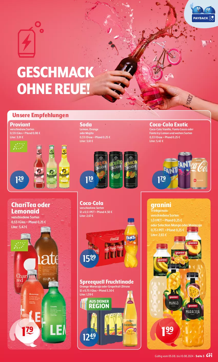 Aktueller Prospekt Getraenke Hoffmann - Prospekte - von 05.08 bis 10.08.2024 - strona 3 - produkty: cassis, coca-cola, cola, fanta, frucht, granini, grapefruit, mac, mango, maracuja, mojito, nuss, orange, Proviant, Soda, Spreequell, Ti, zitrone