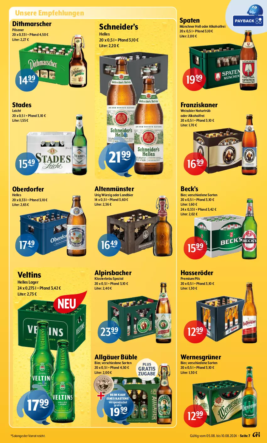 Aktueller Prospekt Getraenke Hoffmann - Prospekte - von 05.08 bis 10.08.2024 - strona 7 - produkty: alkohol, Alpirsbacher, Altenmünster, bier, decke, Deckel, eis, elle, franziskaner, hasseröder, LG, mars, natur, pils, pilsener, premium pils, Spaten, Spezi, Ti, veltins, weissbier