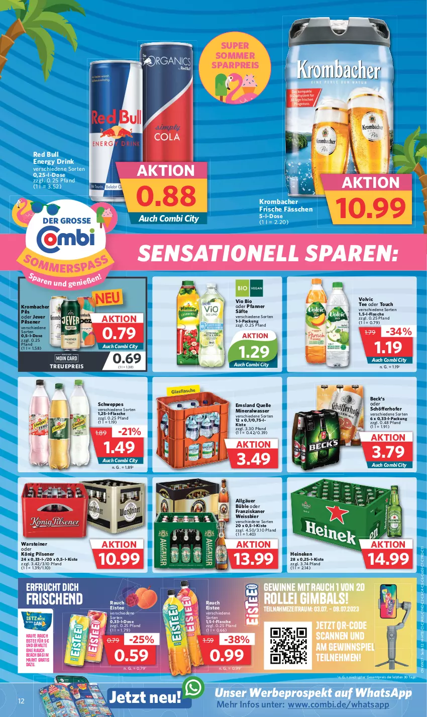 Aktueller Prospekt Combi - Prospekte - von 03.07 bis 08.07.2023 - strona 12 - produkty: Alwa, bier, bio, drink, eis, eistee, elle, energy drink, flasche, franziskaner, frucht, gewinnspiel, glasflasche, heineken, jever, jever pilsener, könig pilsener, krombache, krombacher, krombacher pils, LG, mineralwasser, pfanne, Pfanner, pils, pilsener, Rauch, red bull, reis, rollei, säfte, schöfferhofer, schweppes, steiner, tee, Ti, volvic, warsteiner, wasser, weissbier, ZTE