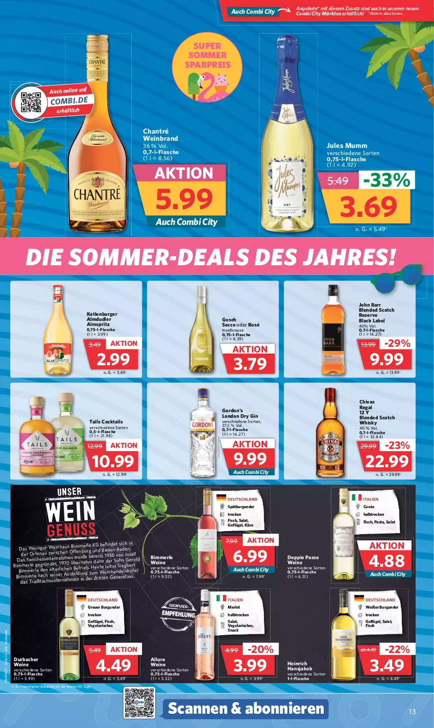 Aktueller Prospekt Combi - Prospekte - von 03.07 bis 08.07.2023 - strona 13 - produkty: almdudler, angebot, angebote, auer, Bad, black label, blended scotch, blended scotch whisky, brause, burger, burgunder, chantré, cocktail, cocktails, cuvée, doppio passo, dry gin, ecco, eis, fisch, flasche, Geflügel, gin, gordon, Gordon’s, grauer burgunder, Heu, jako, John Barr, jules mumm, Käse, katlenburger, lack, london dry, london dry gin, merl, merlot, mumm, passo, pasta, regal, reis, salat, scotch, scotch whisky, snack, spätburgunder, Ti, usb, Vegeta, wein, weinbrand, weine, whisky, ZTE