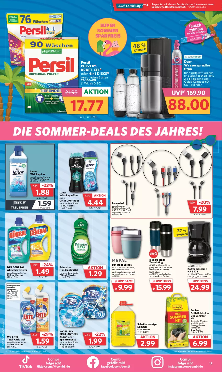 Aktueller Prospekt Combi - Prospekte - von 03.07 bis 08.07.2023 - strona 15 - produkty: aktiv gel, allzweckreiniger, angebot, angebote, Becher, bio, biozidprodukte, buch, deka, eis, elle, ente, flasche, glasflasche, grill, grill-holzkohle, Holz, holzkohle, HP, isolierbecher, kaffee, kaffeemaschine, kraft, ladekabel, lenor, lenor weichspüler, LG, mikrowelle, obst, olive, palmolive, persil, Rauch, reiniger, reis, rwe, sac, Scheibenreiniger, spülmaschinen, spülmittel, tasse, teller, Ti, travel mug, usb, wäscheparfüm, wasser, wassersprudler, wc ente, wc frisch, weck, weichspüler, ZTE