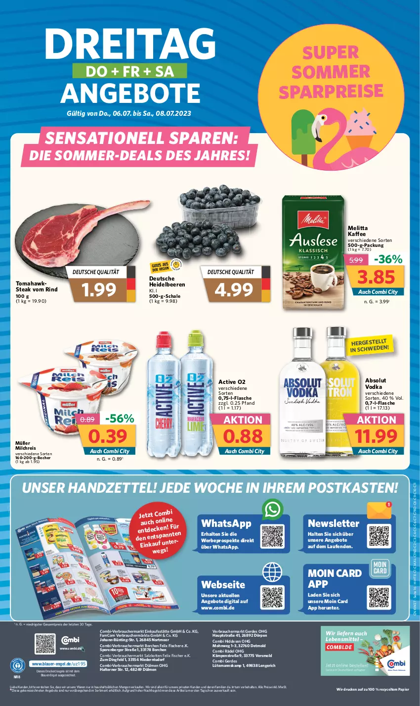 Aktueller Prospekt Combi - Prospekte - von 03.07 bis 08.07.2023 - strona 16 - produkty: Absolut Vodka, angebot, angebote, auer, Becher, beere, beeren, Berger, decke, drucker, eis, elle, Engel, erde, felix, fisch, fische, Fischer, flasche, heidelbeere, heidelbeeren, kaffee, kerze, Laufen, lebensmittel, melitta, milch, milchreis, Müller, papier, Rauch, reis, rind, salz, Schal, Schale, steak, Ti, vodka, ZTE