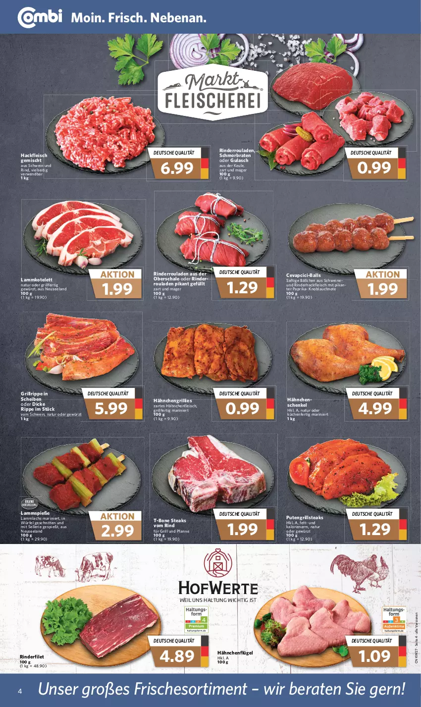 Aktueller Prospekt Combi - Prospekte - von 03.07 bis 08.07.2023 - strona 4 - produkty: ball, braten, cevapcici, eis, Elan, elle, filet, fleisch, für grill und pfanne, gewürz, grill, grill und pfanne, grillrippe, gulasch, hackfleisch, hackfleisch gemischt, Hähnchenfleisch, hähnchenflügel, hähnchenschenkel, henkel, knoblauch, kotelett, küche, Küchen, lachs, lamm, lammkotelett, Lammspieße, natur, paprika, pfanne, pute, rind, rinder, rinderfilet, rinderhackfleisch, Rinderroulade, rinderrouladen, rouladen, rwe, saft, Schal, Schale, schenkel, schmorbraten, schnitten, schwein, schwein und rind, schweine, steak, steaks, T-Bone Steak, tee, Ti, und pfanne, wein, weine, würfel