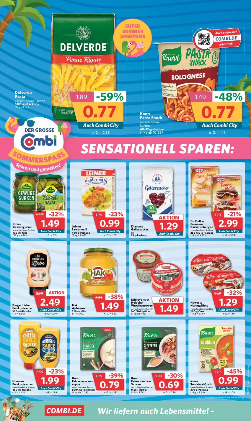 Aktueller Prospekt Combi - Prospekte - von 03.07 bis 08.07.2023 - strona 8 - produkty: apfel, apfelmus, backmischung, Backmischungen, Becher, beutel, burger, Dr. Oetker, eimer, eis, erde, feinkost, feinschmecker, filet, filets, flasche, gelierzucker, gewürz, Gewürzgurke, gewürzgurken, gurke, gurken, hawesta, hering, Herings, heringsfilets, homann, knorr, knorr pasta, Konserven, Kühne, lebensmittel, leimer, mehl, Müller, Paniermehl, pasta, pasta snack, reis, ring, sauce, saucen, snack, suppe, Ti, tomato al gusto, wurst, wurstkonserven, ZTE, zucker