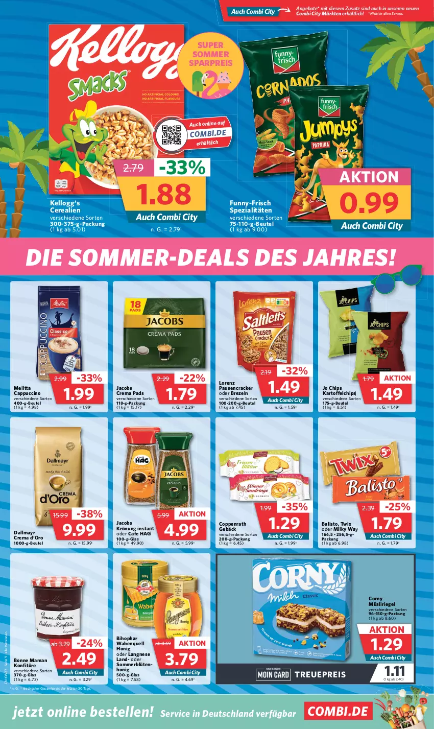 Aktueller Prospekt Combi - Prospekte - von 03.07 bis 08.07.2023 - strona 9 - produkty: angebot, angebote, balisto, beutel, bihophar, Blüte, blütenhonig, bonne maman, brezel, Brezeln, Cap, cappuccino, cerealien, chips, cin, coppenrath, Coppenrath Gebäck, corny, cracker, crema pads, dallmayr, eis, elle, funny-frisch, honig, jacobs, Jacobs Crema, jacobs krönung, kartoffel, kartoffelchips, Kellogg‘s, konfitüre, langnese, lorenz, mam, melitta, milky way, müsli, Müsliriegel, reis, riegel, Spezi, Ti, twix, ZTE