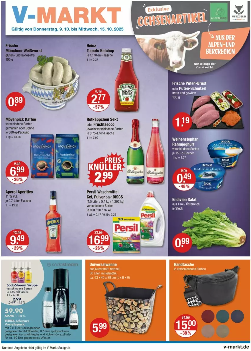 Aktueller Prospekt Vmarkt - Prospekte - von 09.10 bis 15.10.2025 - strona 1 - produkty: angebot, angebote, aperol, Becher, bohne, ecco, flasche, frucht, fruchtsecco, gewürz, kaffee, LG, mövenpick, mövenpick kaffee, natur, persil, persil waschmittel, pute, rotkäppchen, sekt, sirup, Soda, sodastream, Ti, waschmittel, weihenstephan