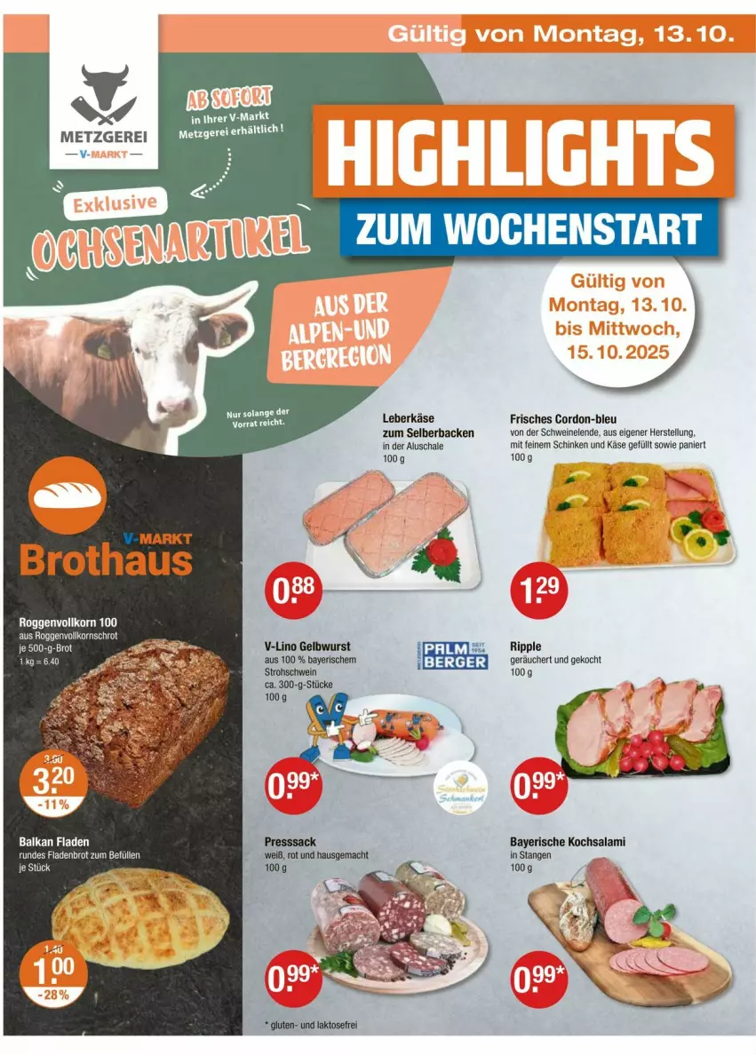 Aktueller Prospekt Vmarkt - Prospekte - von 09.10 bis 15.10.2025 - strona 18 - produkty: brot, Fladenbrot, Käse, korn, leberkäs, leberkäse, mac, presssack, sac, salami, Schal, Schale, schinken, schwein, schweine, wein, weine, wurst