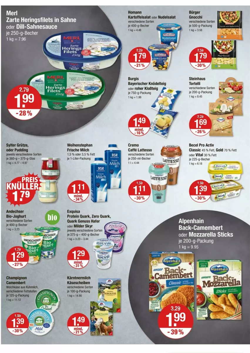Aktueller Prospekt Vmarkt - Prospekte - von 09.10 bis 15.10.2025 - strona 6 - produkty: Alpenhain, becel, Becher, bio, bio-joghurt, caffe, camembert, exquisa, filet, filets, frische milch, gnocchi, grütze, hafer, hering, Herings, heringsfilets, homann, joghur, joghurt, kartoffel, kartoffelsalat, Käse, käsescheiben, Knödel, Knödelteig, latte, lattesso, merl, milch, mozzarella, nudel, nudelsalat, nuss, pudding, quark, quark genus, quark genuss, rel, ring, sahne, salat, sauce, Skyr, steinhaus, Sylter, Ti, torte, vita, weihenstephan