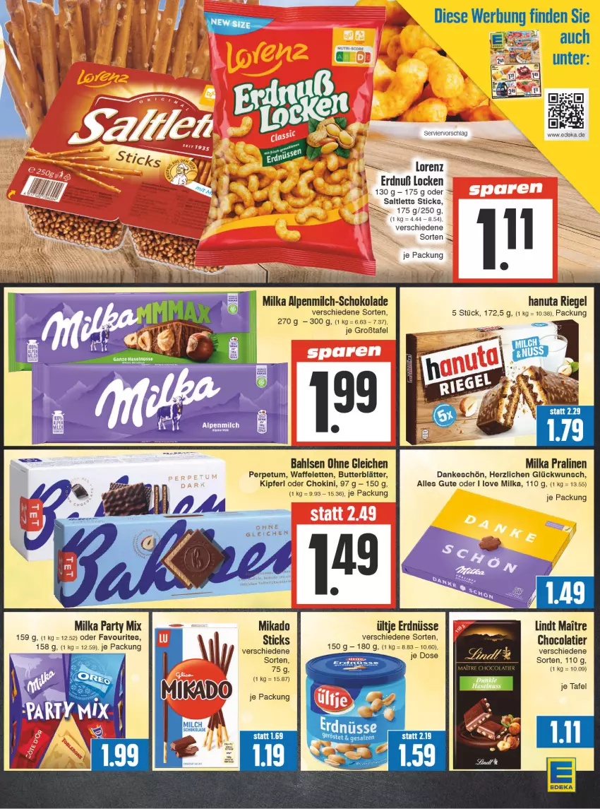 Aktueller Prospekt Edeka - Angebote der Woche - von 09.10 bis 14.10.2023 - strona 11 - produkty: alpenmilch, bahlsen, butter, cola, deka, erdnüsse, hanuta, lindt, lorenz, mikado, milch, milka, pralinen, riegel, saltletts, salz, schoko, schokolade, Ti, ültje, ültje erdnüsse