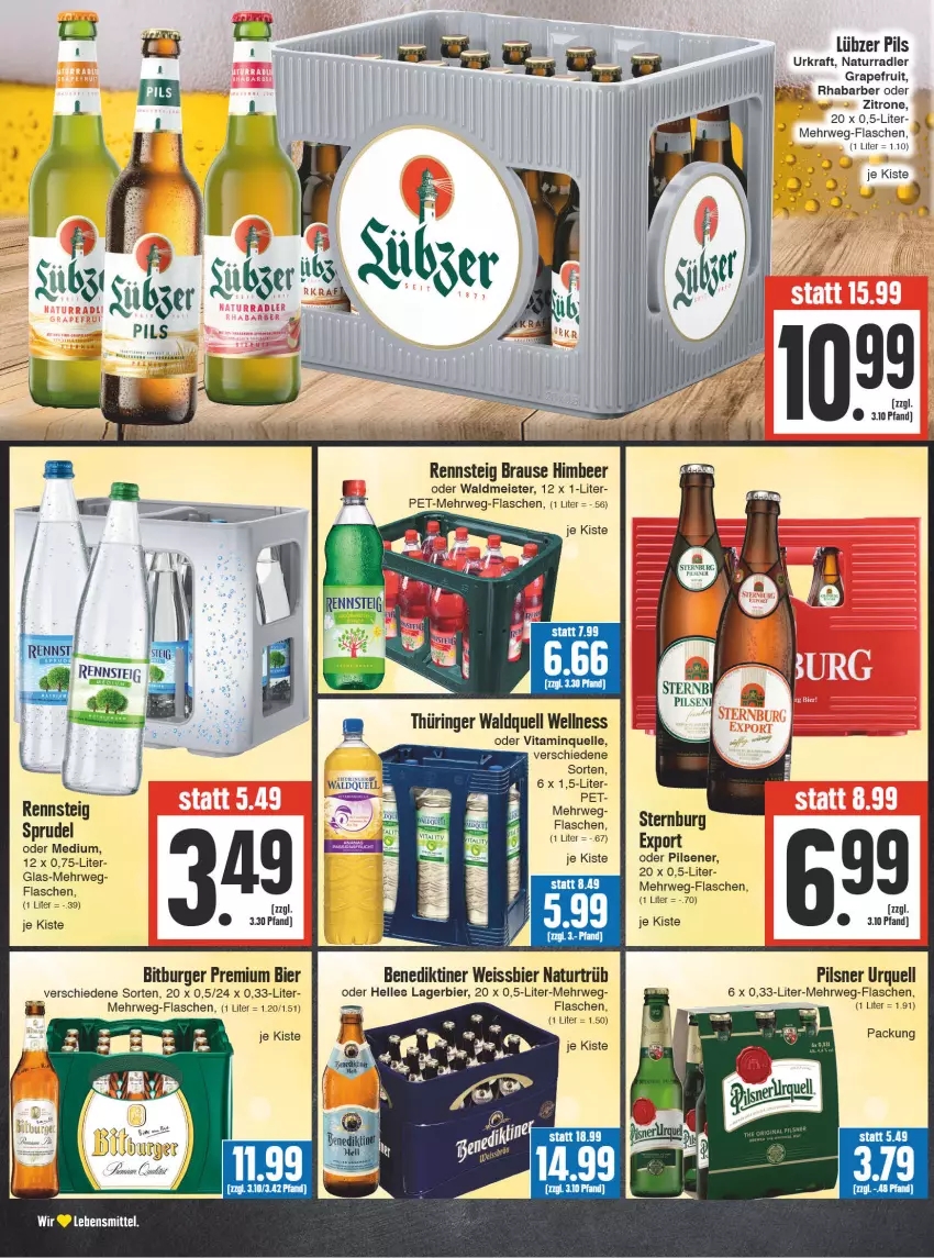 Aktueller Prospekt Edeka - Angebote der Woche - von 09.10 bis 14.10.2023 - strona 12 - produkty: Benediktiner, bier, bitburger, brause, burger, eis, elle, flasche, grapefruit, himbeer, kraft, Lagerbier, lebensmittel, Lübzer, Meister, natur, pils, pilsener, pilsner, pilsner urquell, radler, rhabarber, ring, rwe, Sprudel, Sternburg, Ti, vita, waldmeister, weissbier, zitrone