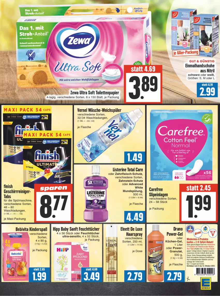 Aktueller Prospekt Edeka - Angebote der Woche - von 09.10 bis 14.10.2023 - strona 15 - produkty: aeg, bebivita, coupon, coupons, eis, elnett, feuchttücher, Finish, flasche, fleisch, geschirr, gin, haarspray, handschuhe, hipp, Kinder, küche, Küchen, listerine, Mode, papier, power-gel, reiniger, schuhe, tee, Ti, toilettenpapier, tücher, vernel, vita, weichspüler, zewa