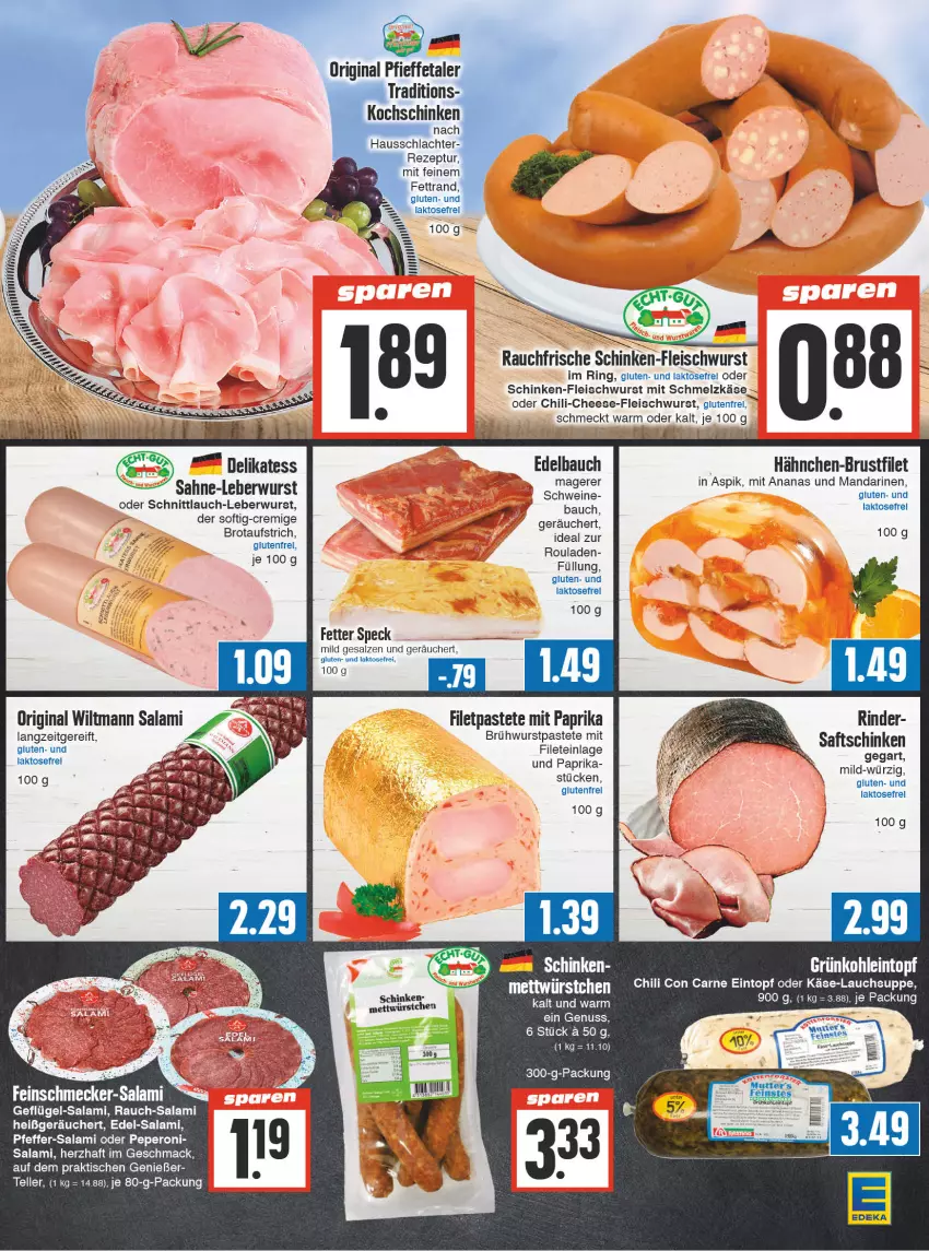 Aktueller Prospekt Edeka - Angebote der Woche - von 09.10 bis 14.10.2023 - strona 3 - produkty: ananas, aufstrich, Bau, brot, brotaufstrich, Brühwurst, brustfilet, chili, eintopf, eis, elle, feta, filet, fleisch, fleischwurst, Geflügel, gin, hähnchen-brustfilet, Käse, leberwurst, mac, mandarine, mandarinen, Mett, mit paprika, nuss, paprika, pastete, peperoni, Peroni, pfeffer, Rauch, rel, rezept, rind, rinder, ring, rouladen, saft, saftschinken, sahne, salami, salz, schinken, Schmelzkäse, schnittlauch, schwein, schweine, Speck, suppe, teller, Ti, tisch, topf, wein, weine, wiltmann, wurst, würstchen