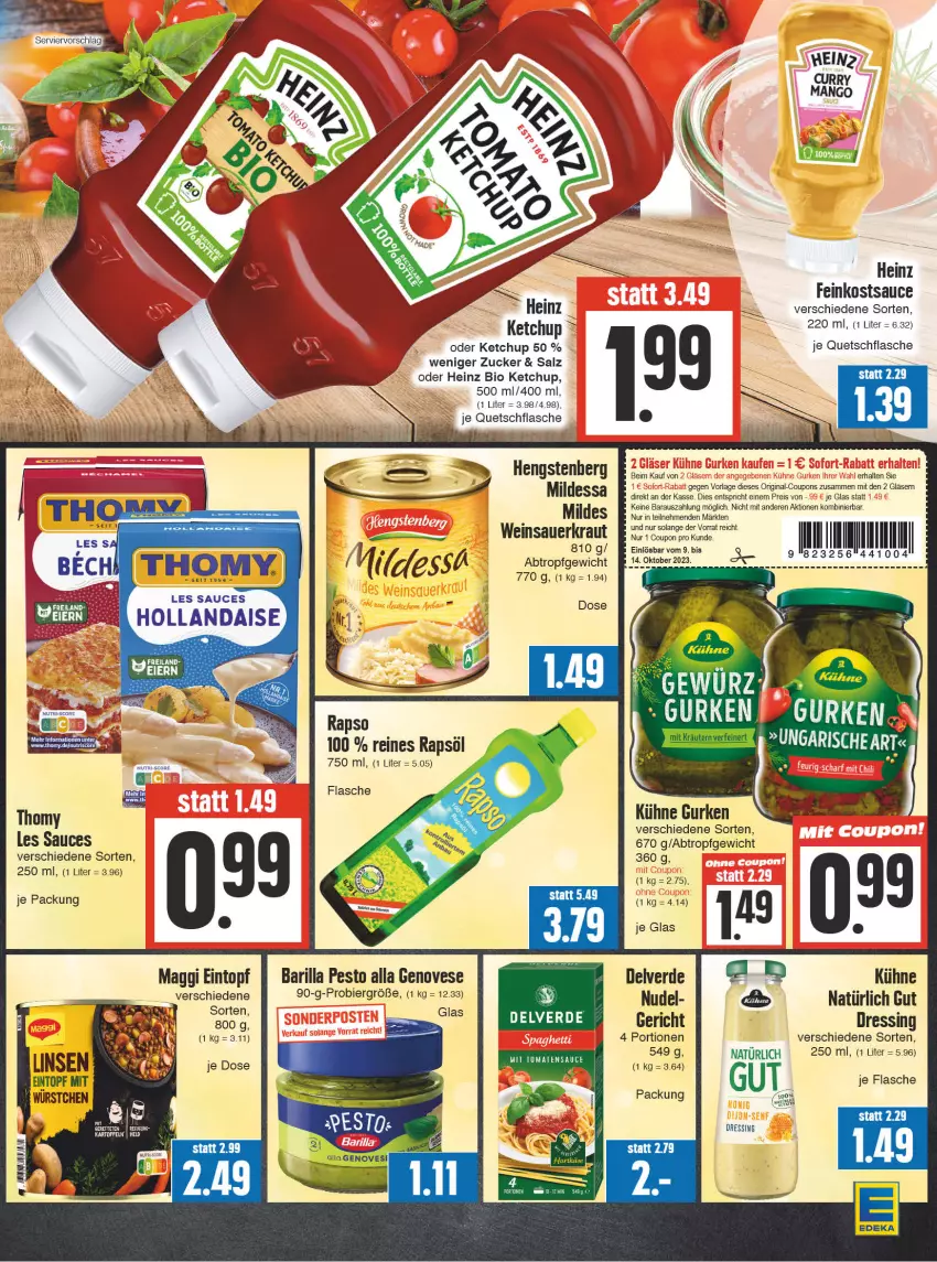 Aktueller Prospekt Edeka - Angebote der Woche - von 09.10 bis 14.10.2023 - strona 9 - produkty: auer, barilla, bier, bio, coupon, curry, dressing, eier, eintopf, eis, erde, feinkost, flasche, genovese, gin, Gläser, gurke, gurken, heinz, hengstenberg, hollandaise, ketchup, Kraut, Kühne, maggi, mango, nudel, pesto, rapso, rapsöl, reines rapsöl, reis, rel, salz, sauce, Sauerkraut, thomy, Ti, topf, wein, Weinsauerkraut, wurst, zucker