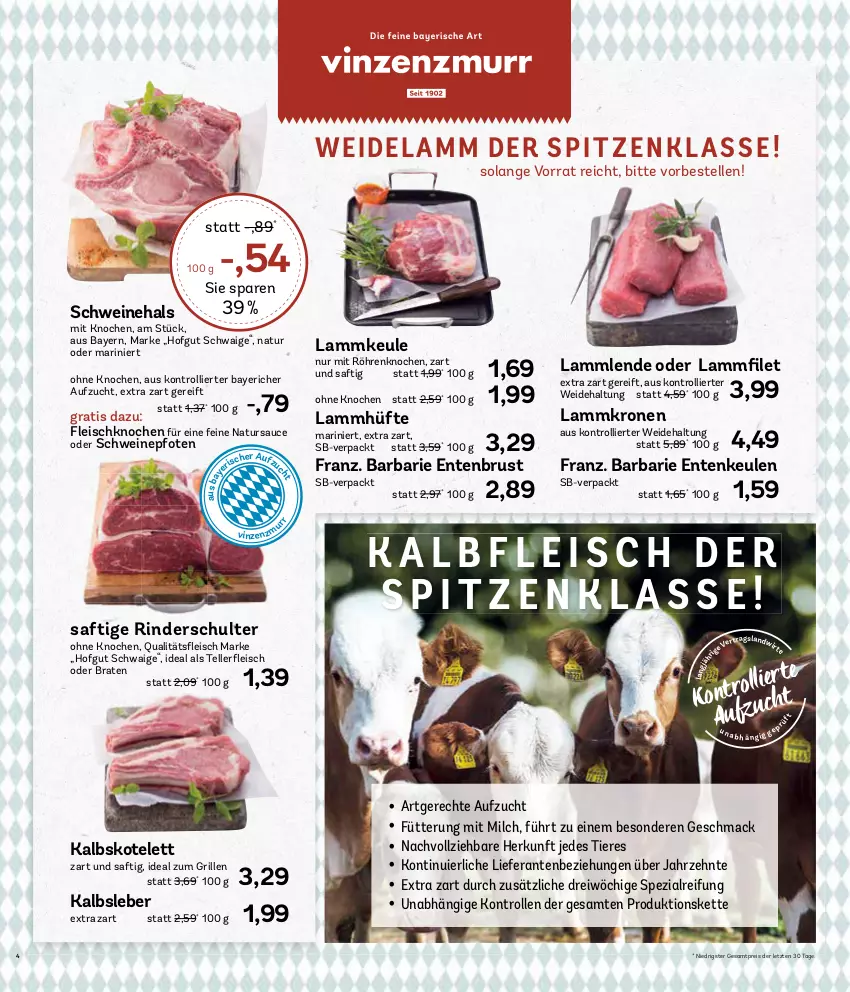 Aktueller Prospekt Aez - Prospekte - von 18.03 bis 23.03.2024 - strona 4 - produkty: braten, eis, elle, ente, Entenbrust, Entenkeule, fleisch, grill, hofgut, ideal zum grillen, Kalbfleisch, kalbskotelett, Kalbsleber, Kette, kotelett, krone, lamm, lammkeule, Lammkrone, Lammlende, mac, milch, natur, reis, rind, rinder, saft, sauce, schwein, schweine, Spezi, teller, Ti, Tiere, trolli, wein, weine, ZTE