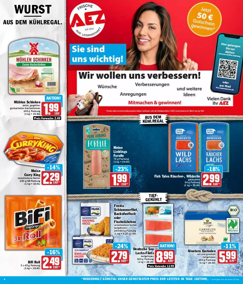 Aktueller Prospekt Aez - Prospekte - von 18.03 bis 23.03.2024 - strona 6 - produkty: aus dem kühlregal, backofen, bifi, curry, eis, elle, filet, filets, fisch, fischstäbchen, forelle, frosta, garnelen, grill, kochschinken, kühlregal, lachs, meica, mühlen schinken, natur, natura, Ofen, regal, reis, rel, schinken, schlemmerfilet, Ti, Wild, wurst, ZTE