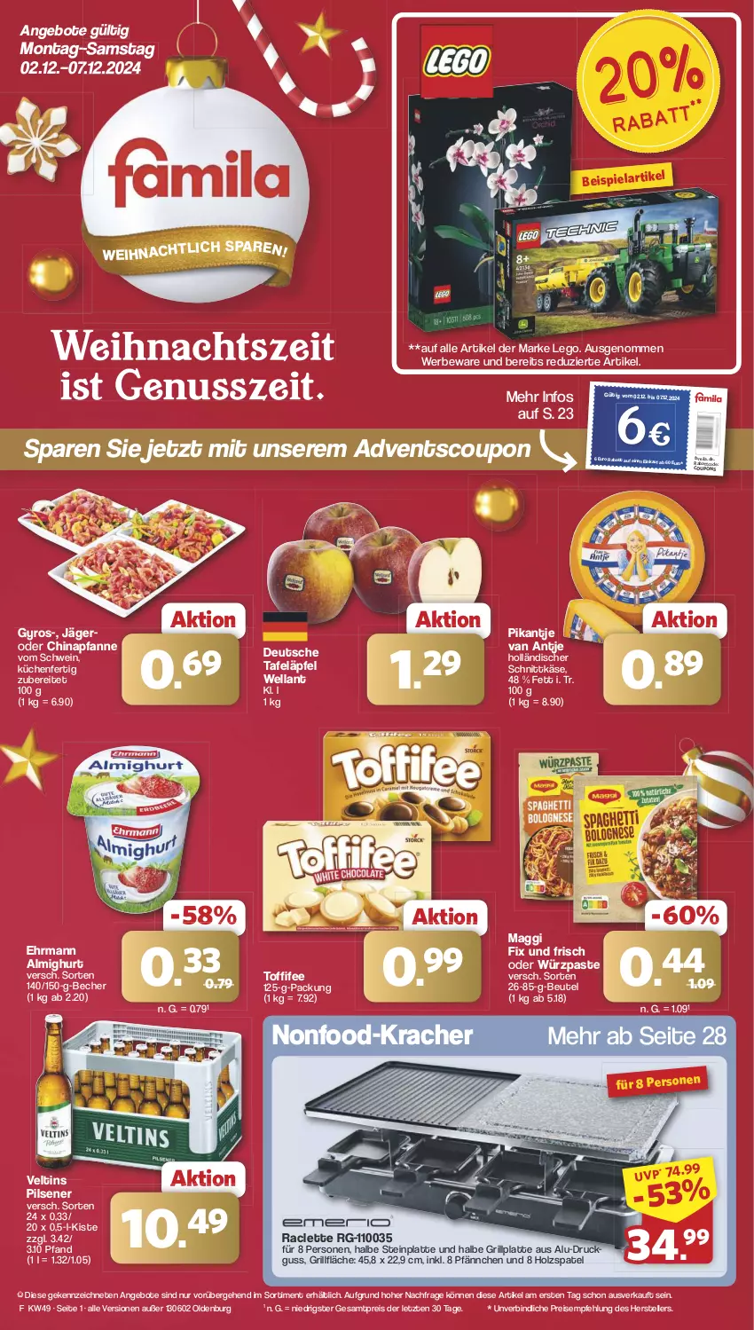 Aktueller Prospekt Famila - Prospekte - von 02.12 bis 07.12.2024 - strona 1 - produkty: almighur, almighurt, angebot, angebote, Becher, beutel, coupon, ehrmann, ehrmann almighurt, eis, elle, grill, grillfläche, grillplatte, gyros, holländischer schnittkäse, Holz, Käse, kracher, küche, Küchen, latte, maggi, maggi fix, nuss, pfanne, pils, pilsener, reis, schnittkäse, schwein, tafeläpfel, teller, Ti, toffifee, veltins, veltins pilsener, wein, Wella, ZTE