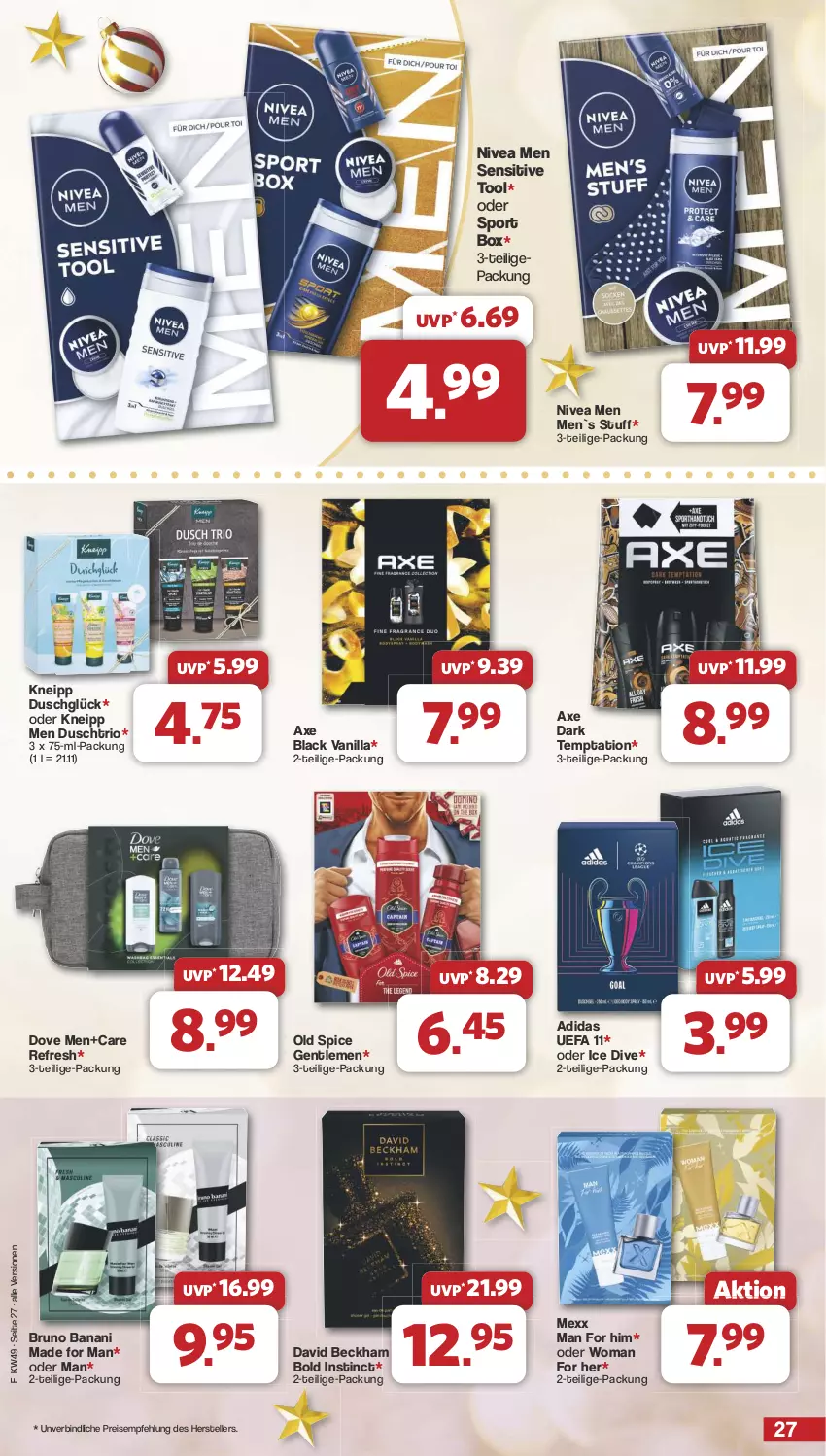 Aktueller Prospekt Famila - Prospekte - von 02.12 bis 07.12.2024 - strona 28 - produkty: Adidas, axe, bruno banani, David Beckham, dove, eis, elle, kneipp, lack, Mexx, nivea, Nivea Men, Old Spice, reis, Sport, teller, Ti