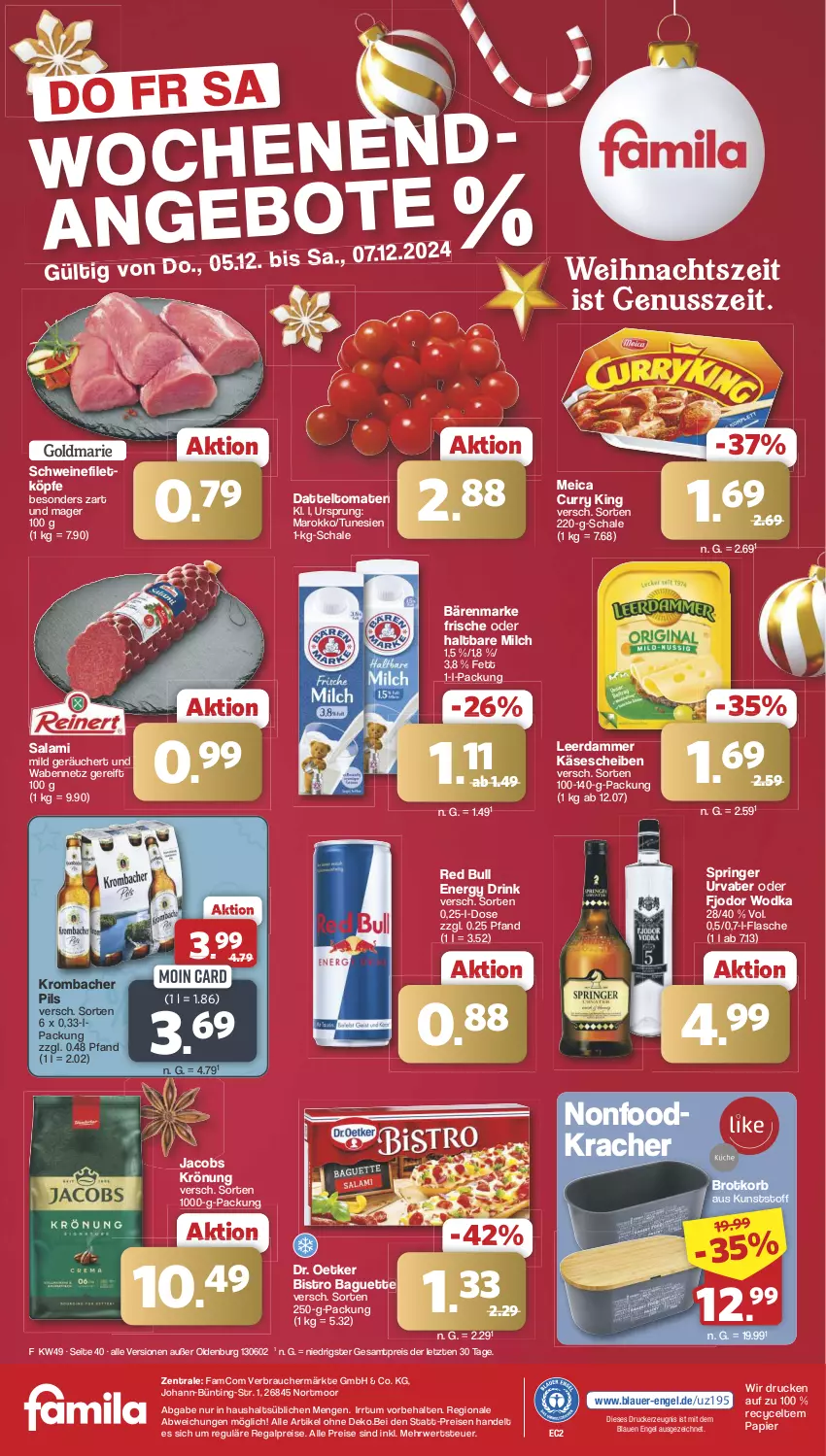 Aktueller Prospekt Famila - Prospekte - von 02.12 bis 07.12.2024 - strona 41 - produkty: auer, baguette, bärenmarke, Bistro Baguette, brot, Brotkorb, curry, datteltomaten, Dr. Oetker, drink, drucker, eis, energy drink, Engel, filet, flasche, haltbare milch, jacobs, jacobs krönung, Käse, käsescheiben, kerze, korb, kracher, krombache, krombacher, krombacher pils, leerdammer, meica, milch, nuss, papier, pils, Rauch, red bull, regal, reis, ring, rwe, salami, Schal, Schale, schwein, schweine, schweinefilet, Ti, tomate, tomaten, urvater, wein, weine, wodka, ZTE