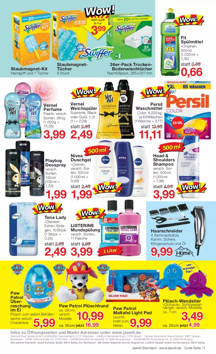 Aktueller Prospekt Jawoll - Prospekte - von 06.02 bis 12.02.2022 - strona 11 - produkty: angebot, angebote, Anhänger, Berger, creme, dell, deo, deospray, Discreet, duschgel, Elan, elle, flasche, gin, haarschneider, lack, listerine, Mode, mundspülung, nivea, Paw Patrol, persil, persil waschmittel, Playboy, Plüsch, Schere, shampoo, spülmittel, spülung, staubmagnet, Tena Lady, Ti, tücher, vernel, waschmittel, weichspüler