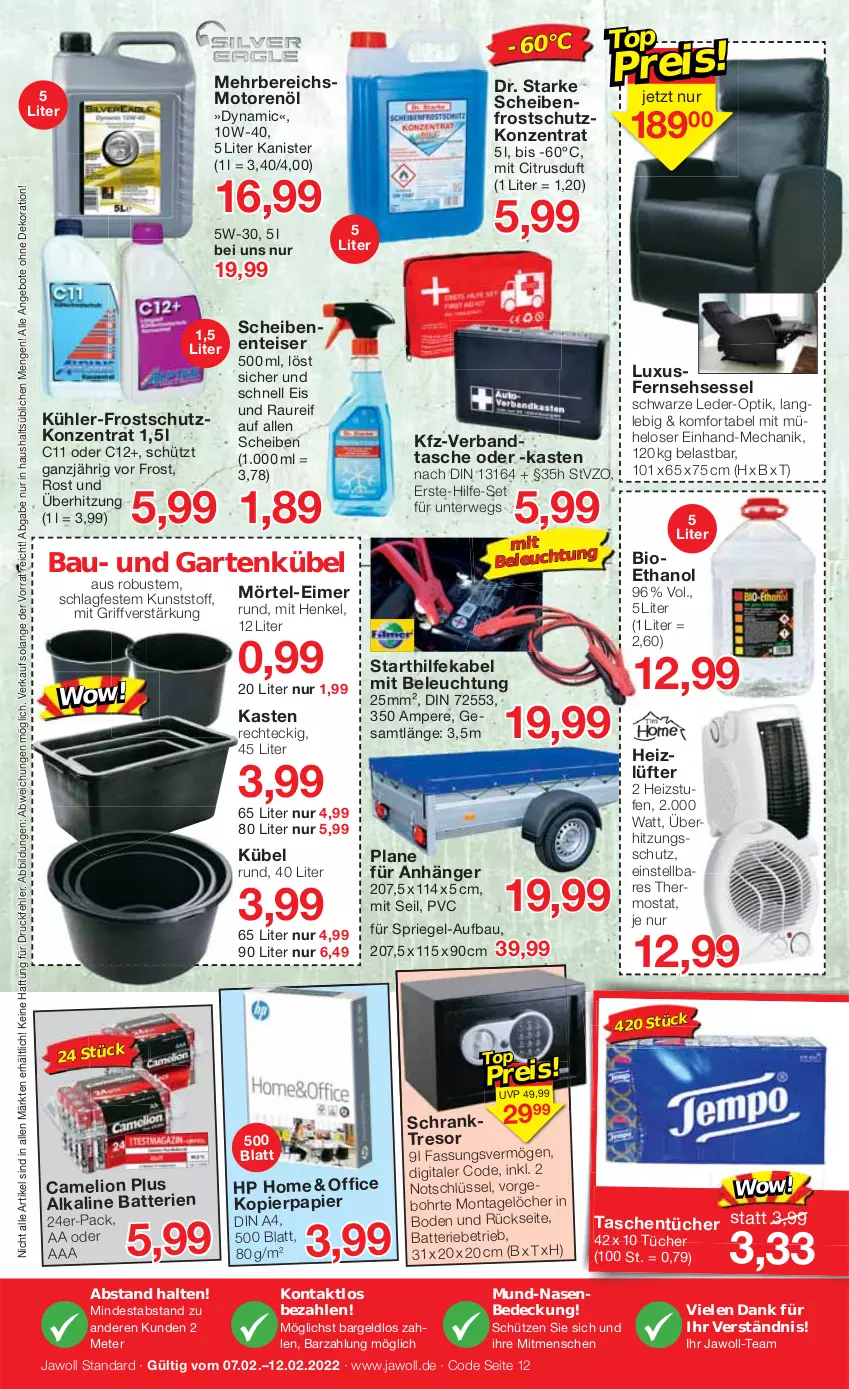 Aktueller Prospekt Jawoll - Prospekte - von 06.02 bis 12.02.2022 - strona 12 - produkty: angebot, angebote, Anhänger, batterie, Bau, beleuchtung, bio, Camelion, citrus, dekoration, din a4, eimer, eis, ente, Garten, henkel, HP, kopierpapier, lion, motorenöl, office, papier, riegel, rwe, Scheibenfrostschutz, Schrank, Schütze, sessel, Tasche, taschen, taschentücher, thermostat, Ti, tücher, überhitzungsschutz, ZTE