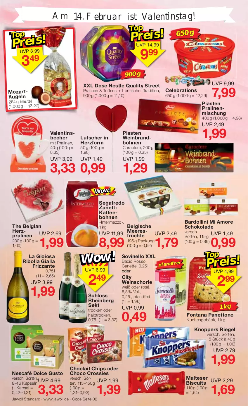 Aktueller Prospekt Jawoll - Prospekte - von 06.02 bis 12.02.2022 - strona 2 - produkty: Becher, beutel, bohne, bohnen, chips, choclait chips, choco crossies, crossies, dolce gusto, frizzante, früchte, intermezzo, kaffee, kaffeebohnen, knoppers, kuchen, Kugel, La Gioiosa, LG, Lutscher, malteser, Nescafé, pralinen, riegel, schoko, schokolade, schorle, Segafredo, sekt, Ti, tisch, wein, weinbrand, weinschorle