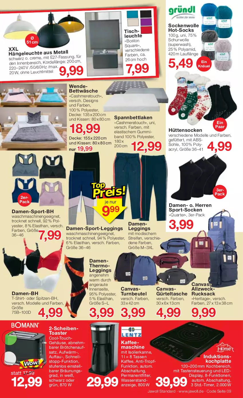 Aktueller Prospekt Jawoll - Prospekte - von 06.02 bis 12.02.2022 - strona 9 - produkty: asti, auto, bett, bettwäsche, beutel, brötchen, brötchenaufsatz, cashmere, creme, decke, dell, elle, gin, gürteltasche, Hängeleuchte, HP, isolierkanne, kaffee, kaffeemaschine, kissen, latte, leggings, Leuchte, leuchtmittel, Mode, reifen, rucksack, sac, Schal, shirt, socken, spannbettlaken, Sport, T-Shirt, Tasche, tasse, Thermoleggings, Ti, timer, tisch, tischleuchte, toast, toaster, waschmaschine, waschmaschinen, wasser, weck, wendebettwäsche, wolle