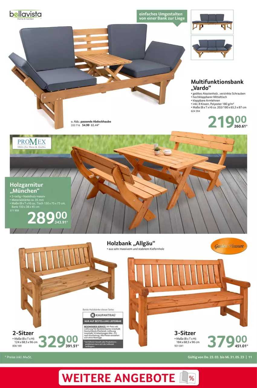 Aktueller Prospekt Selgros - Outdoor - von 23.03 bis 31.05.2023 - strona 11 - produkty: abdeckhaube, armlehnen, Bank, eis, Garten, Holz, kissen, LG, Liege, reis, Ria, schrauben, Ti, tisch