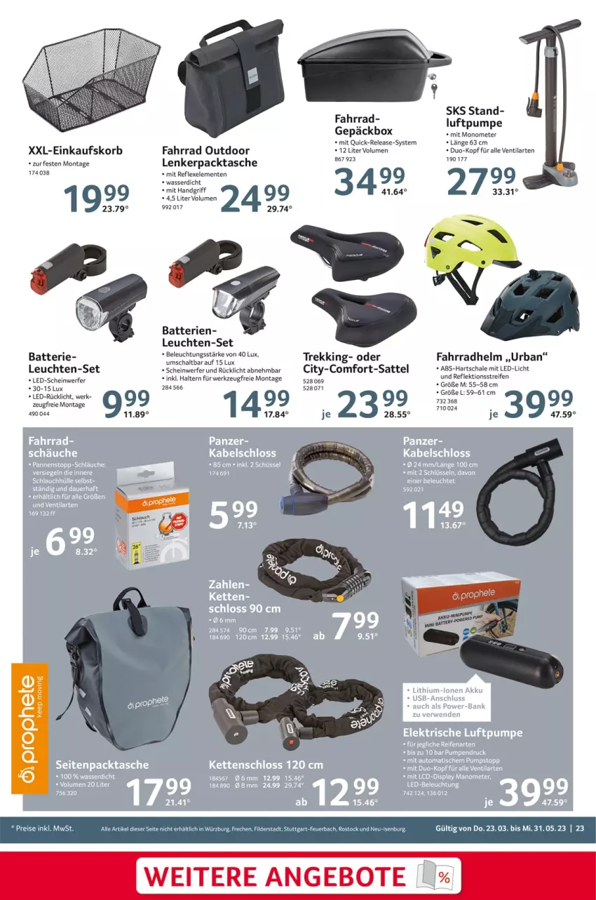 Aktueller Prospekt Selgros - Outdoor - von 23.03 bis 31.05.2023 - strona 23 - produkty: angebot, angebote, batterie, batterien, einkaufskorb, eis, ente, Fahrrad, fahrradhelm, korb, led-licht, Leuchte, leuchten, reis, rel, rücklicht, sattel, Schal, Schale, Tasche, Ti, wasser, werkzeug