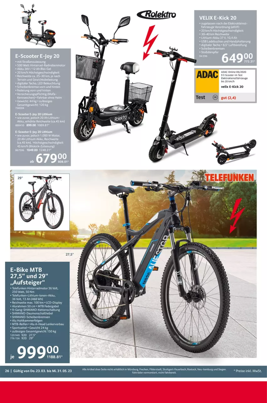 Aktueller Prospekt Selgros - Outdoor - von 23.03 bis 31.05.2023 - strona 26 - produkty: akku, E-Bike, Elektro, gabel, Kette, Lithium-Lonen-Akku, sattel, Schal, scooter, shimano, Sport, telefunken, Ti