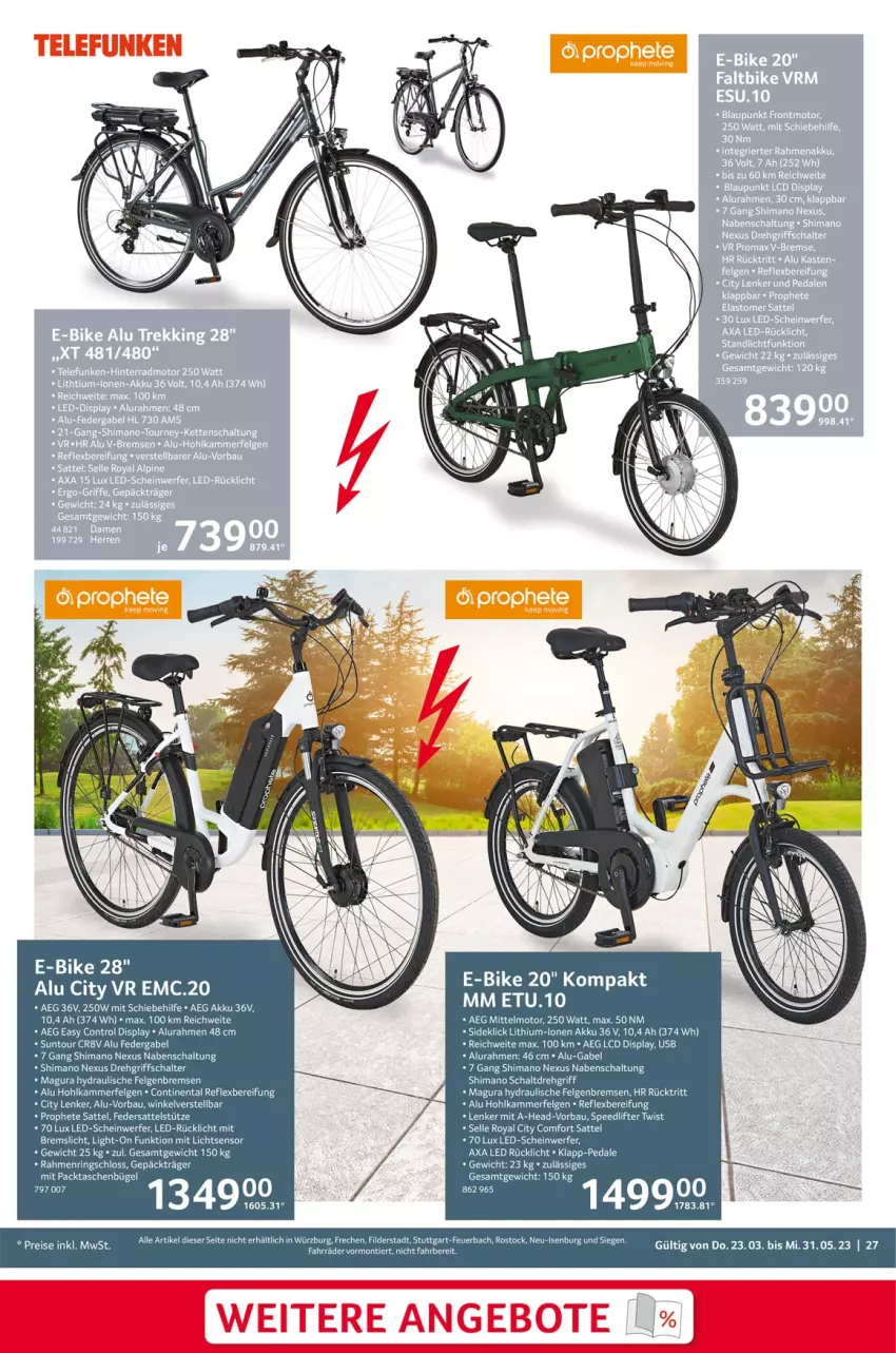 Aktueller Prospekt Selgros - Outdoor - von 23.03 bis 31.05.2023 - strona 27 - produkty: aeg, akku, angebot, angebote, Bau, bügel, cin, drehgriffschalter, E-Bike, felgen, gabel, LG, nexus, prophete, rücklicht, sattel, sattelstütze, Schal, shimano, spee, Tasche, taschen, Ti, torte, usb