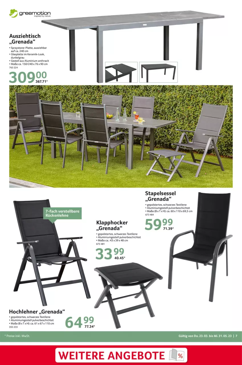 Aktueller Prospekt Selgros - Outdoor - von 23.03 bis 31.05.2023 - strona 7 - produkty: aluminiumgestell, eis, glasplatte, greemotion, hocker, latte, LG, natur, reis, sessel, stapelsessel, Ti, tisch