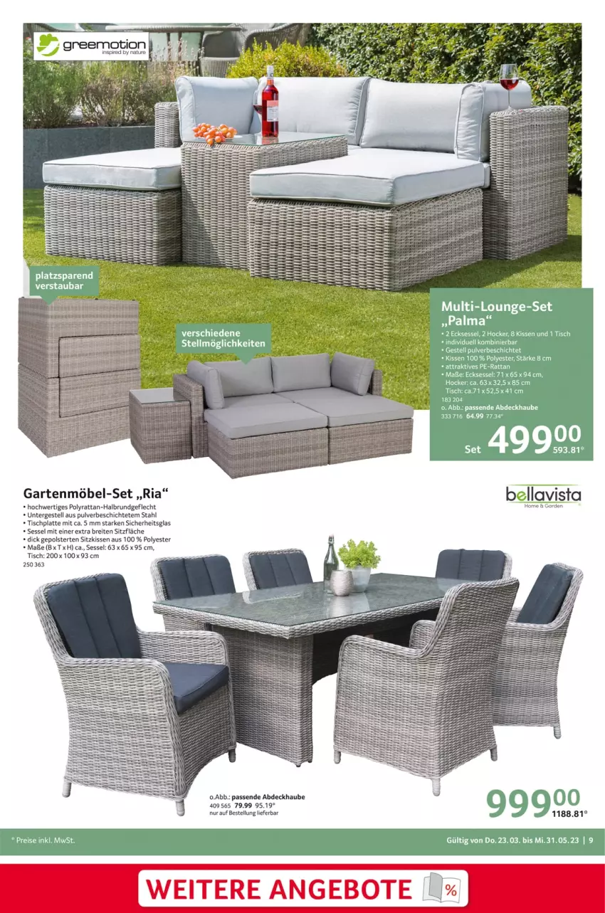 Aktueller Prospekt Selgros - Outdoor - von 23.03 bis 31.05.2023 - strona 9 - produkty: abdeckhaube, angebot, angebote, bett, Betten, Brei, eis, Garten, gartenmöbel, greemotion, hocker, HP, kissen, latte, lounge-set, möbel, natur, reis, Ria, sessel, sitzkissen, Ti, tisch, tischplatte