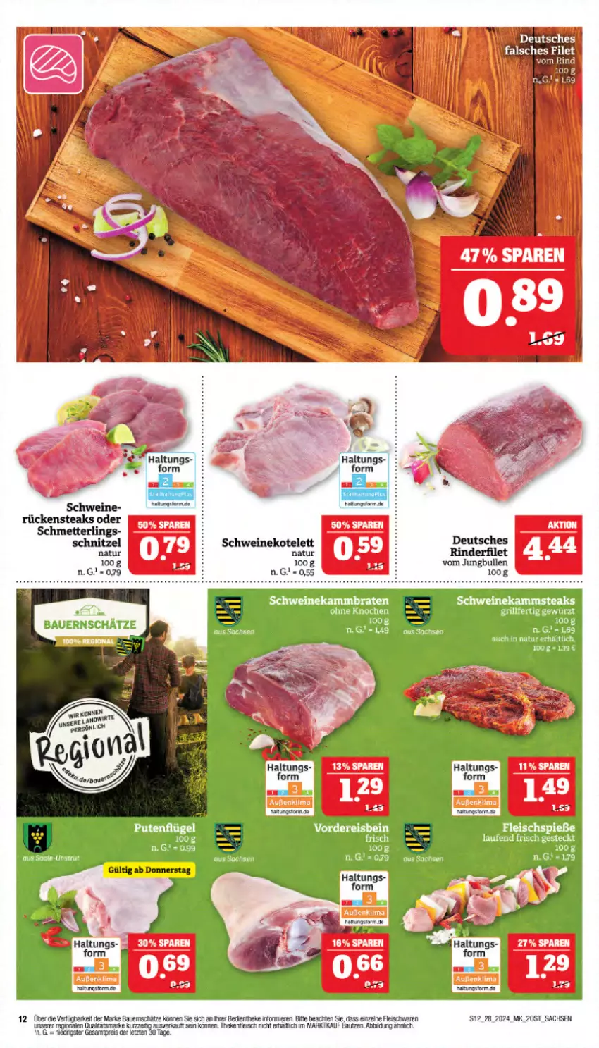 Aktueller Prospekt Marktkauf - Prospekt - von 07.07 bis 13.07.2024 - strona 12 - produkty: auer, Bau, Bauer, braten, eis, Falsches Filet, filet, fleisch, fleischwaren, gewürz, grill, jungbullen, kotelett, Laufen, Mett, natur, reis, rind, rinder, rinderfilet, Rückensteak, rückensteaks, sac, Schmetterling, schnitzel, schwein, schweine, schweinekotelett, steak, steaks, Ti, wein, weine, ZTE