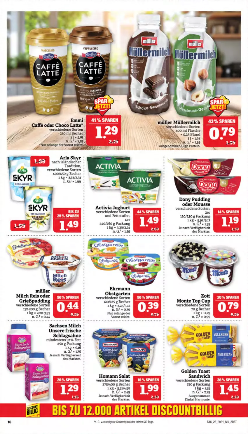 Aktueller Prospekt Marktkauf - Prospekt - von 07.07 bis 13.07.2024 - strona 16 - produkty: activia, activia joghurt, arla, arla skyr, Becher, caffe, Cap, Dany, eis, homann, joghur, joghurt, latte, milch, monte, mousse, Müller, müllermilch, obst, pudding, reis, salat, Skyr, Ti, vanille, zott, Zott Monte, ZTE