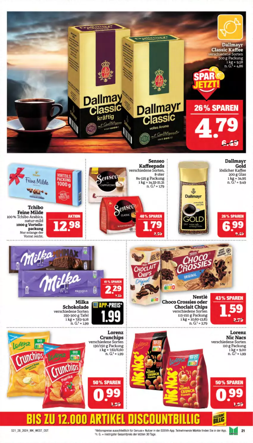 Aktueller Prospekt Marktkauf - Prospekt - von 07.07 bis 13.07.2024 - strona 21 - produkty: aktionspreis, chips, choclait chips, choco crossies, crossies, crunchips, dallmayr, dallmayr gold, deka, eis, kaffee, kaffeepads, lorenz, löslicher kaffee, natur, nuss, reis, schoko, schokolade, senseo, Tchibo, Ti, ZTE