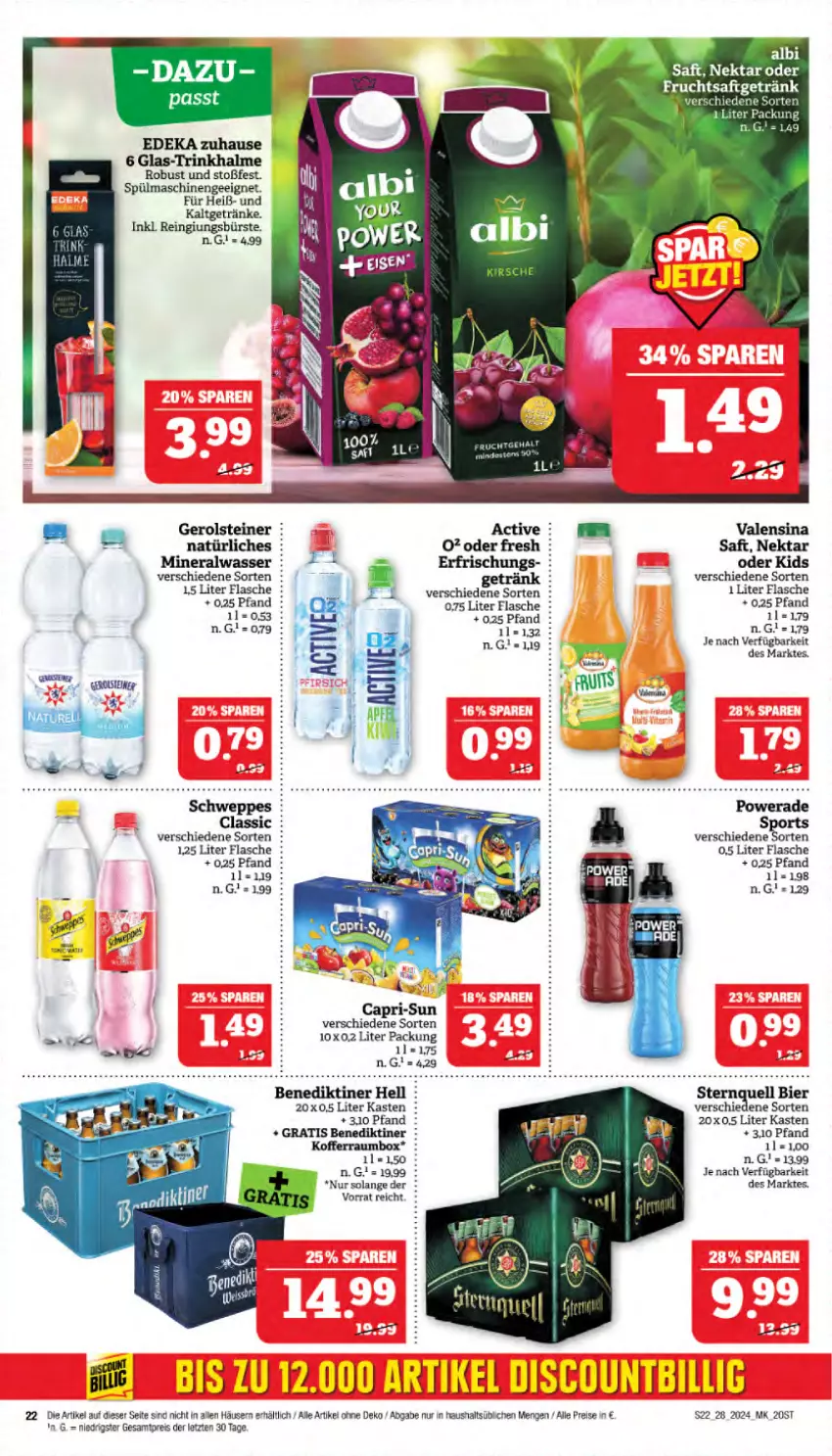 Aktueller Prospekt Marktkauf - Prospekt - von 07.07 bis 13.07.2024 - strona 22 - produkty: Alwa, Benediktiner, bier, bürste, Cap, capri-sun, deka, eier, eis, flasche, gerolsteine, gerolsteiner, getränk, getränke, koffer, mineralwasser, Nektar, reis, saft, schweppes, Sport, spülmaschinen, steiner, Ti, Trinkhalme, valensina, wasser, ZTE