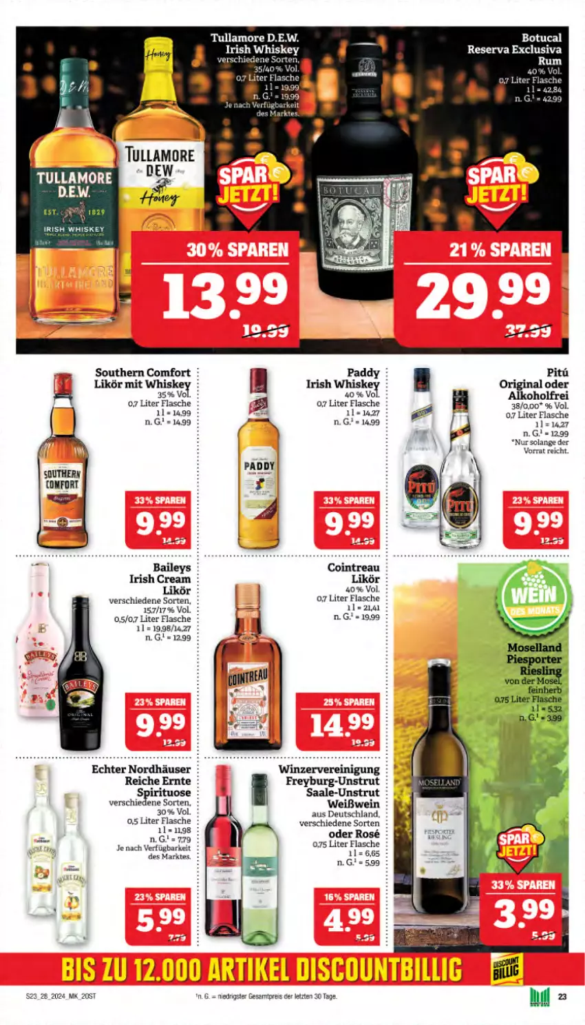 Aktueller Prospekt Marktkauf - Prospekt - von 07.07 bis 13.07.2024 - strona 23 - produkty: alkohol, discount, eis, flasche, gin, irish whiskey, likör, reis, rum, Southern Comfort, Ti, tuc, tullamore, wein, Weißwein, whiskey, ZTE